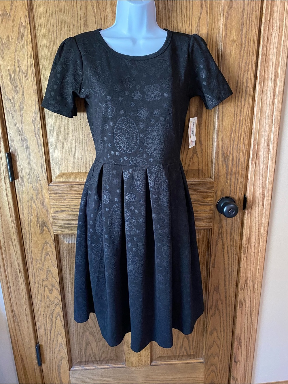 NWT LuLaRoe Black Short-Sleeve Fit & Flare Dress with Jacquard Floral Motif